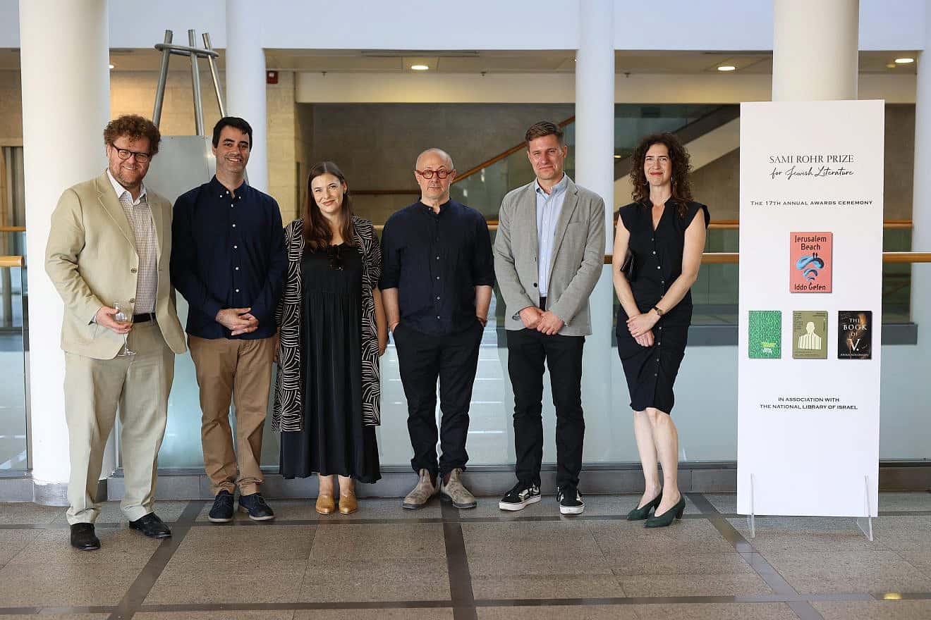 The 2023 winner and finalists of the Sami Rohr Prize for Jewish Literature (from left): Max Gross, Iddo Gefen, Daniella Zamir, Mikołaj Grynberg, Sean Gasper Bye and Anna Solomon. Credit: Courtesy.