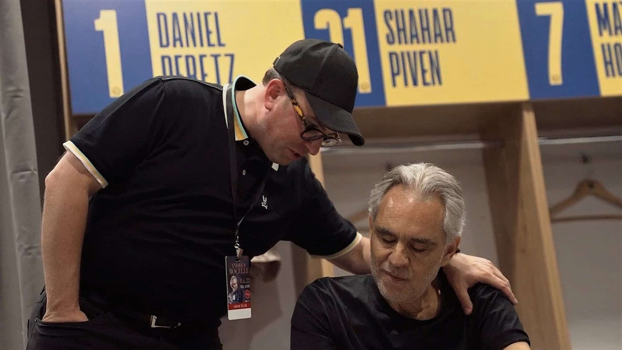 Israel Schachter with opera singer Andrea Bocelli in Tel Aviv. Credit: Courtesy.