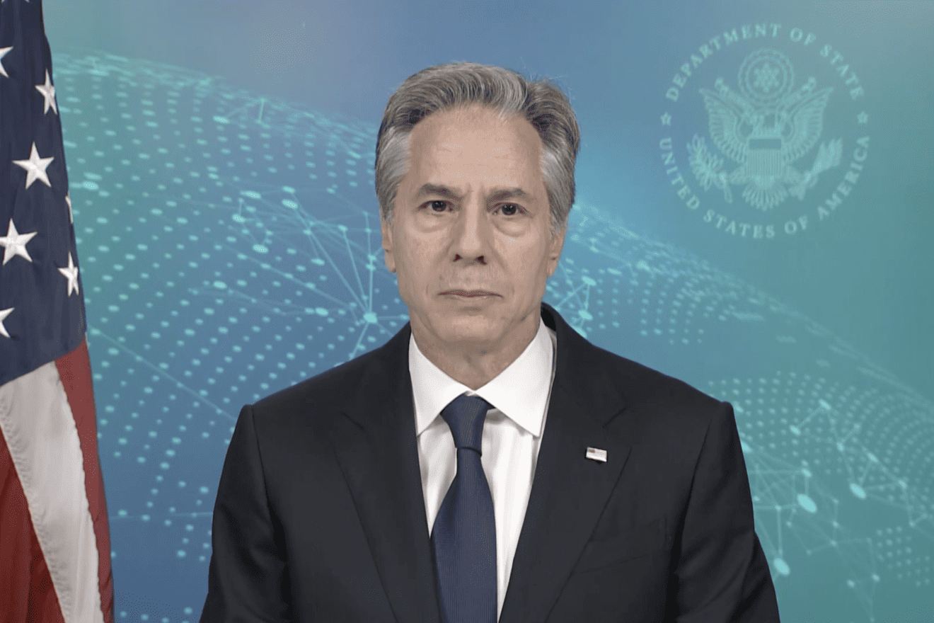 U.S. Secretary of State Antony Blinken spoke via video feed during a commemoration of the 80th anniversary of the Bialystok Ghetto uprising, which began on Aug. 16, 1943. Source Screenshot.
