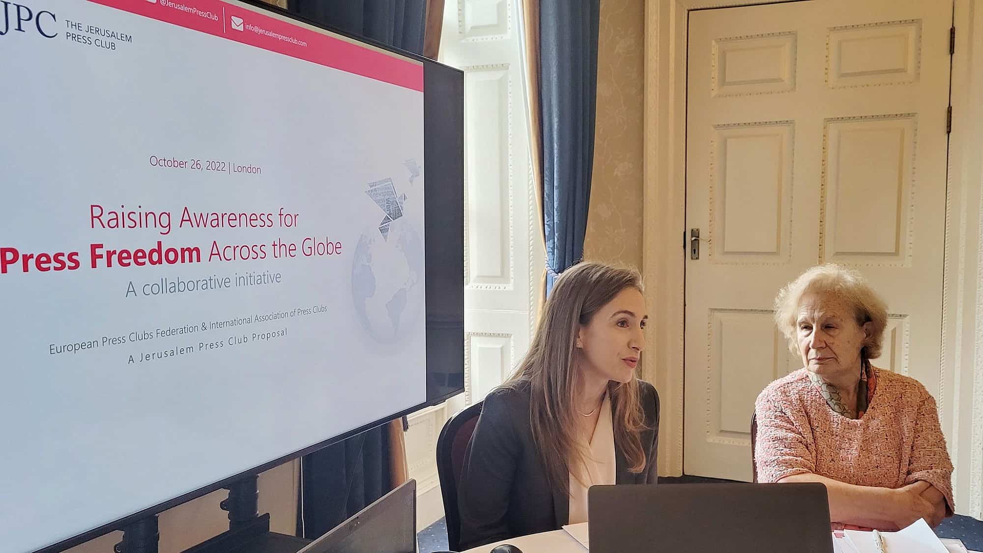 Talia Dekel-Fleissig (left), CEO of the Jerusalem Press Club, representing Israel at the General Assembly of the International Association of Press Clubs in London in 2022. Credit: Courtesy.