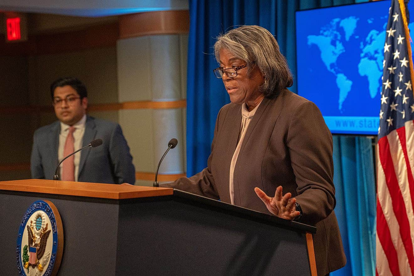Linda Thomas-Greenfield, U.S. ambassador to the United Nations, speaks at a U.S. State Department press briefing in Washington, D.C., on Feb. 1, 2023. Credit: Freddie Everett/U.S. State Department.