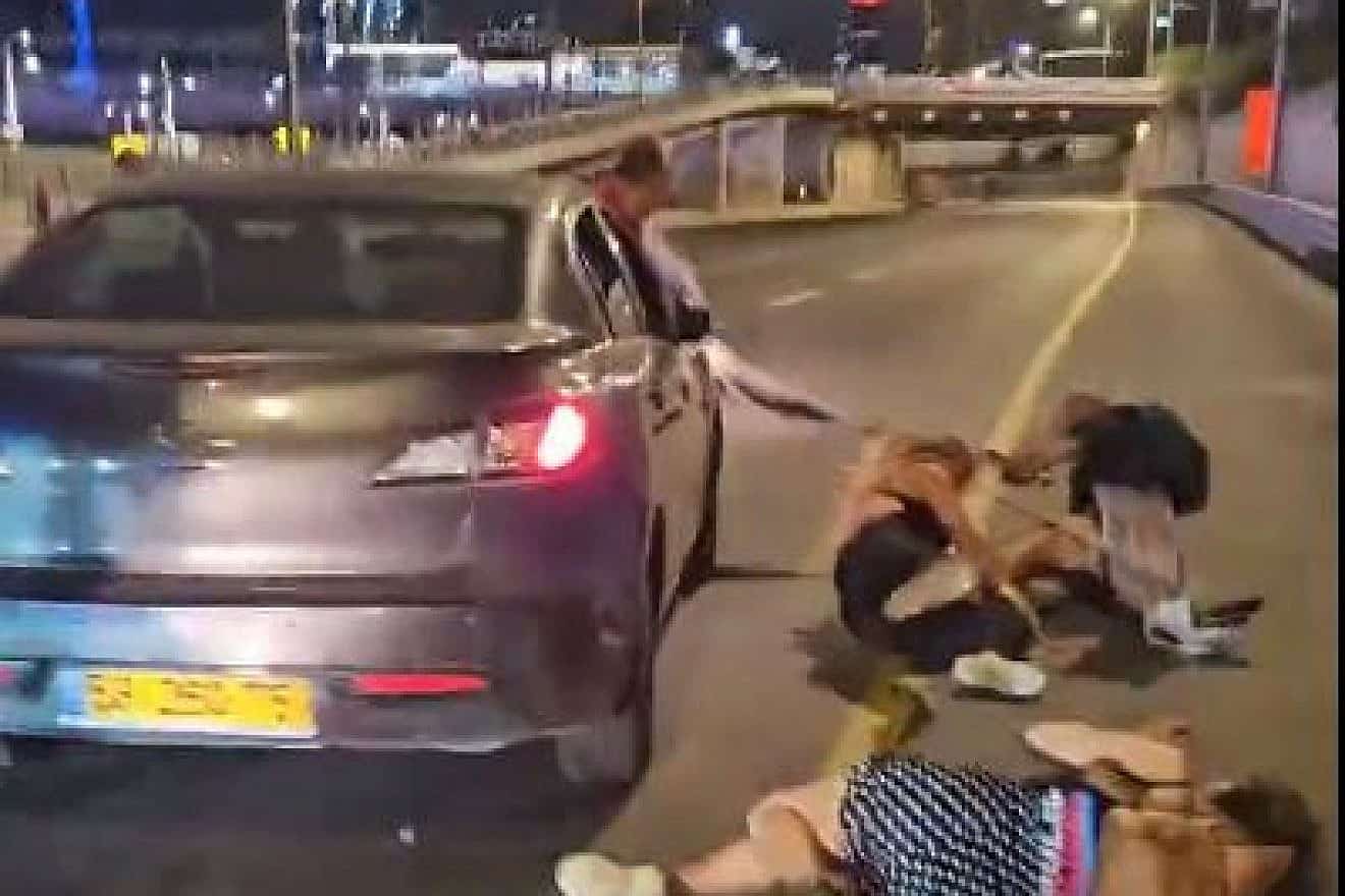 A car plowed into protesters blocking the Ayalon Highway in Tel Aviv, Sept. 9, 2023. Source: X.