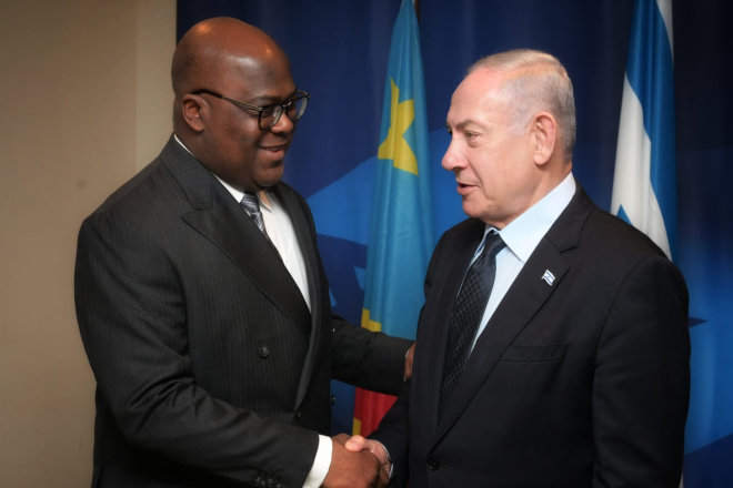 Congolese President Félix Tshisekedi and Israeli Prime Minister Benjamin Netanyahu meet in New York, Sept. 21, 2023. Photo by Avi Ohayon/GPO.