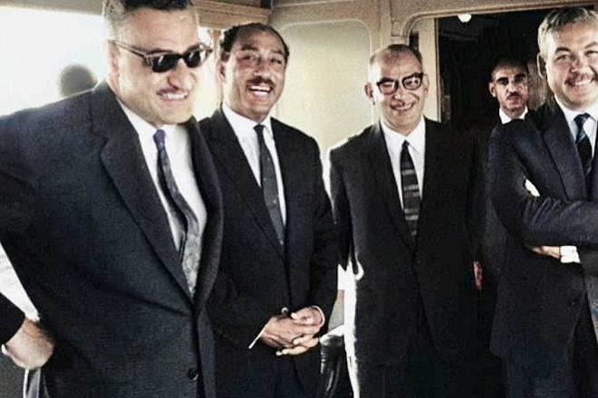 Top Egyptian leaders of the Arab Socialist Union (ASU) in Alexandria in the late 1960s (from left): President Gamal Abdel Nasser; Speaker of Parliament Anwar Sadat; ASU head Ali Sabri; and Vice President Hussein el-Shafei, Aug. 18, 1968. Credit: Sarooky1996 via Wikimedia Commons.