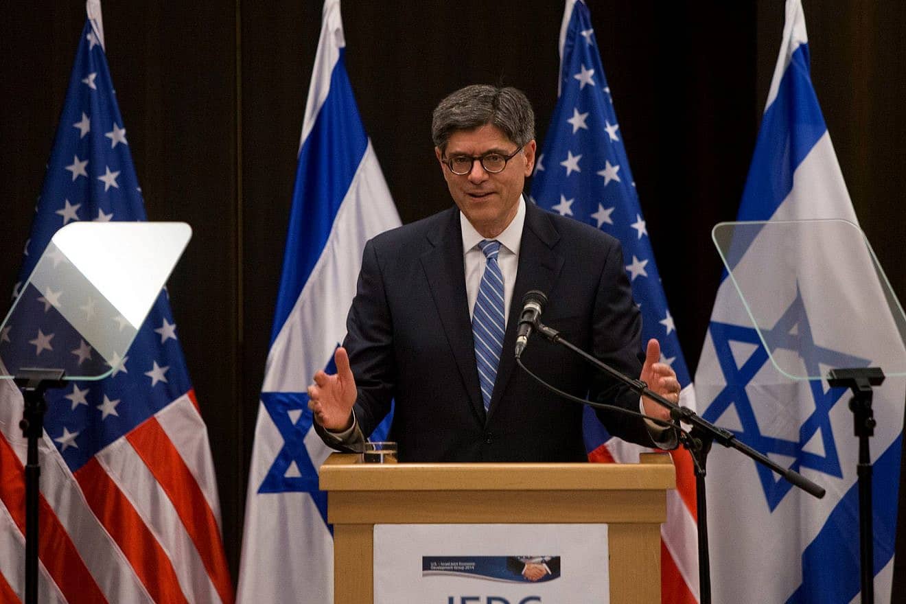 Then-U.S. Treasury Secretary Jack Lew speaks during a U.S.–Israel Joint Economic Development Group (JEDG) meeting at the David Citadel Hotel in Jerusalem on June 18, 2014. Photo: Yonatan Sindel/Flash90