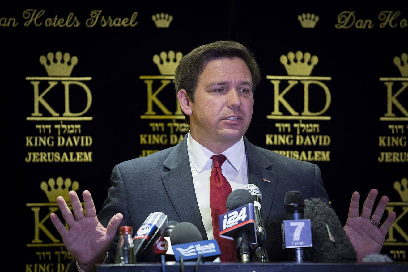 Then congressman Ron DeSantis speaks during a press conference in Jerusalem on March 5, 2017. Photo by Yonatan Sindel/Flash90.