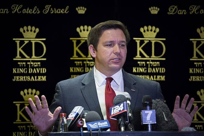 Then congressman Ron DeSantis speaks during a press conference in Jerusalem on March 5, 2017. Photo by Yonatan Sindel/Flash90.