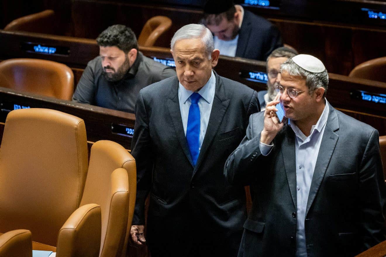Israeli Prime Minister Benjamin Netanyahu and National Security Minister Itamar Ben-Gvir at the Knesset, March 6, 2023. Photo by Yonatan Sindel/Flash90.