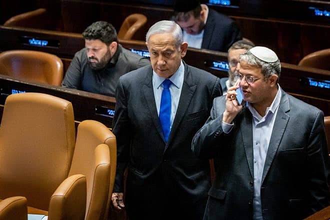 Israeli Prime Minister Benjamin Netanyahu and National Security Minister Itamar Ben-Gvir at the Knesset, March 6, 2023. Photo by Yonatan Sindel/Flash90.