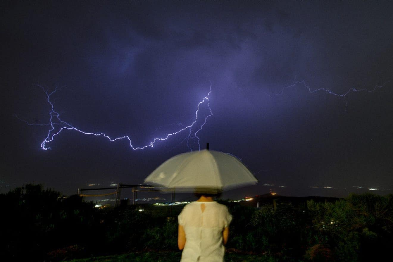 Lightning over the Naftali Mountains and the Hula Valley during a storm on June 3, 2023. Photo by Ayal Margolin/Flash90.
