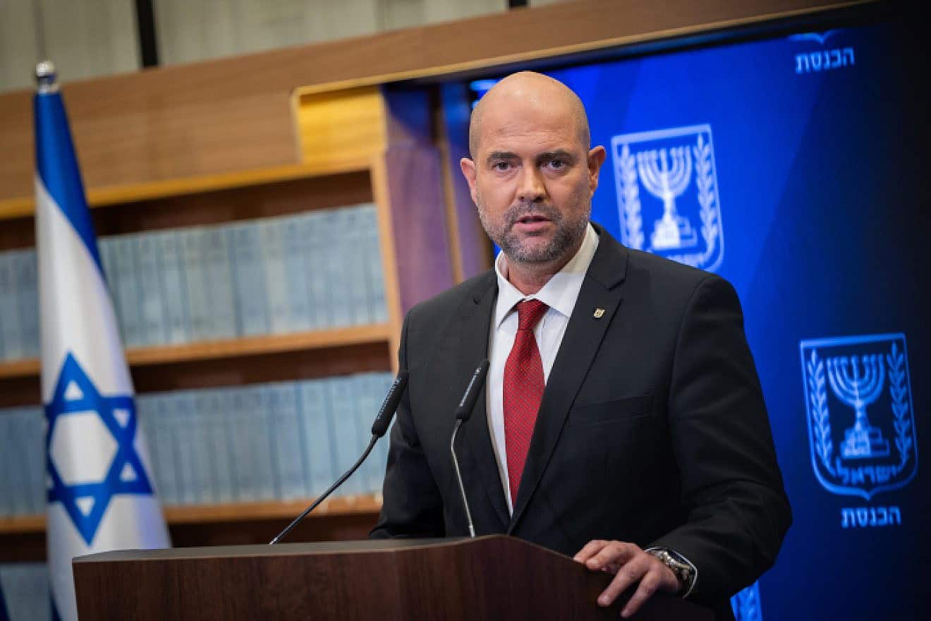 Knesset Speaker Amir Ohana holds a press conference at the parliament in Jerusalem, Sept. 6, 2023. Photo by Yonatan Sindel/Flash90.