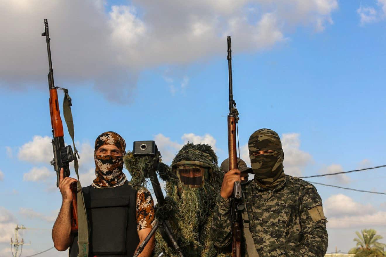 Terrorists affiliated with the Hamas-led Joint Operations Room attend a ceremony to mark the anniversary of Israel's 2005 withdrawal from Gaza, Sept. 20, 2023. Photo by Abed Rahim Khatib/Flash90.
