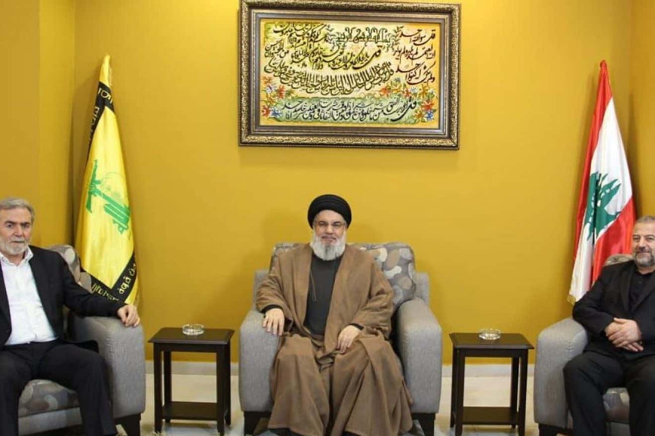 Hezbollah leader Hassan Nasrallah, center, is flanked by Palestinian Islamic Jihad leader Ziyad al-Nakhala (left) and Hamas deputy politburo head Saleh al-Arouri in Beirut, Lebanon, Sept. 2, 2023. Source: Twitter/X.