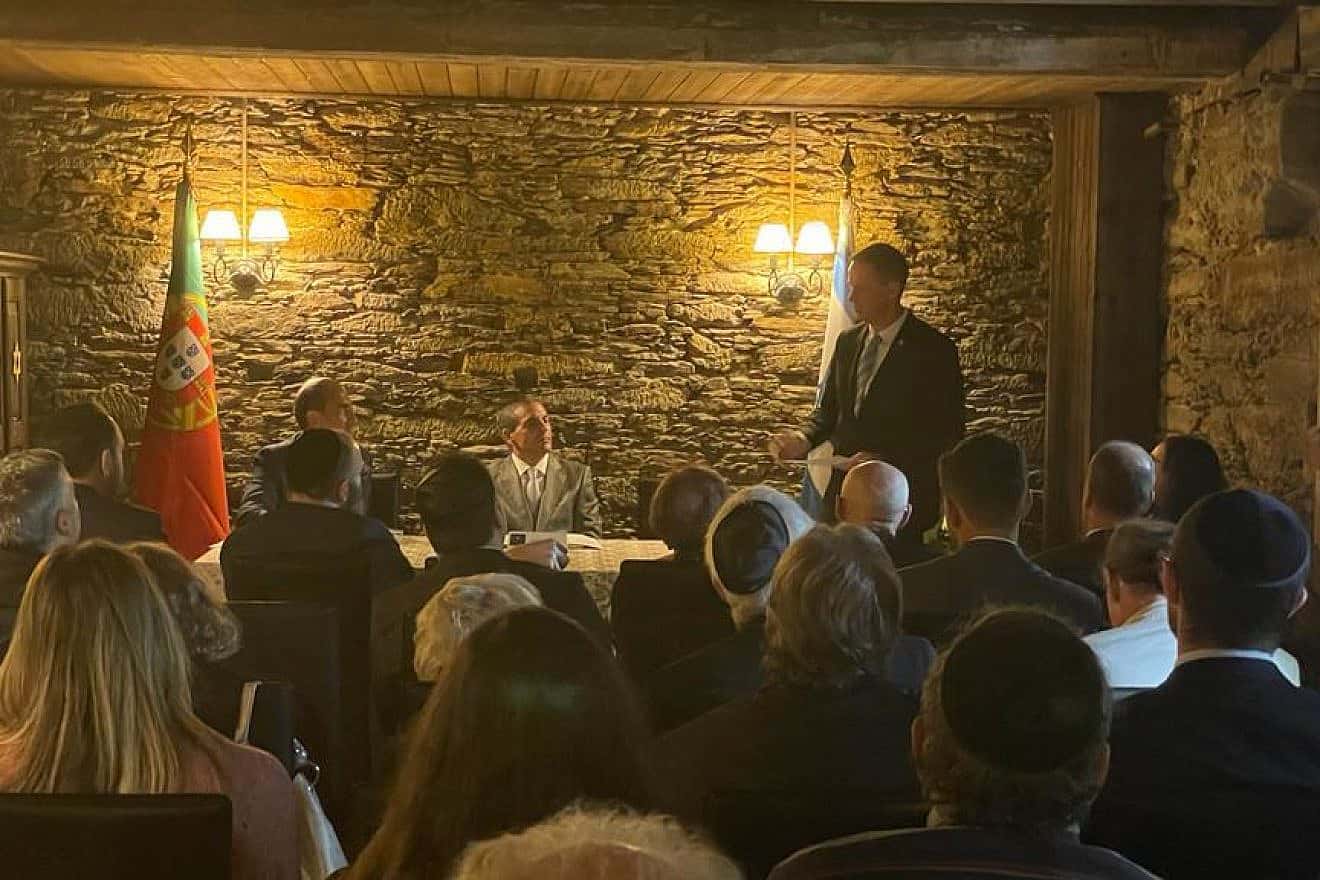 Israeli Ambassador to Portugal Dor Shapira speaks during a ceremony that honors the legacy of Israel's former prime minister and president Shimon Peres in Portugal, Sept. 10, 2023. Photo by Dor Shapira.