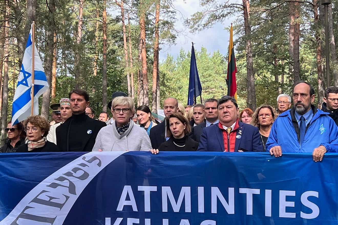 Participants in official ceremonies commemorating the 80th anniversary of the liquidation of the Vilnius Ghetto in Lithuania during World War II, part of the National Memorial Day for the Genocide of Lithuanian Jews. At far right is Michel Gourary, director of the European March of the Living, Sept. 21, 2023. Credit: March of the Living.