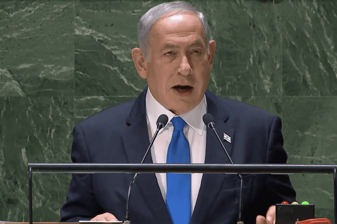 Israeli Prime Minister Benjamin Netanyahu addresses the United Nations General Assembly on Sept. 22, 2023. Credit: UNGA/screenshot.