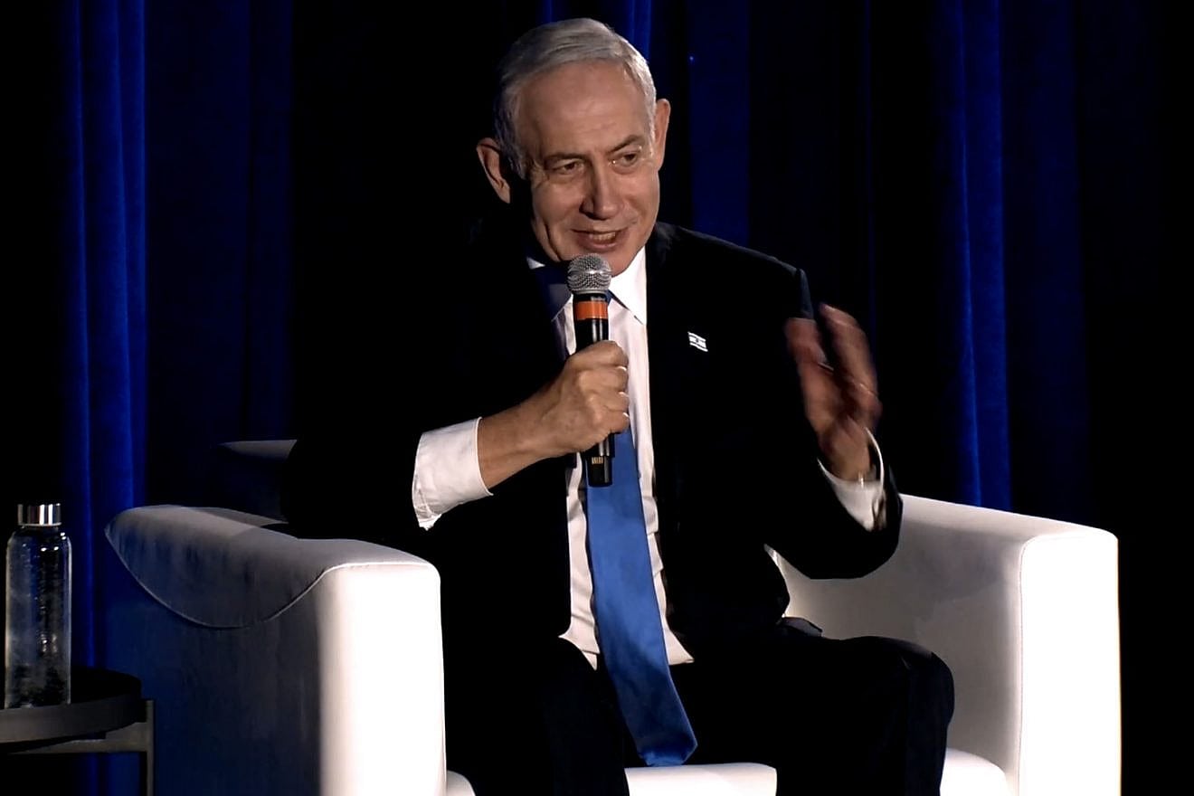Israeli Prime Minister Benjamin Netanyahu during a live-streamed conversation with tech entrepreneur Elon Musk in California. Credit: Twitter/X screenshot.