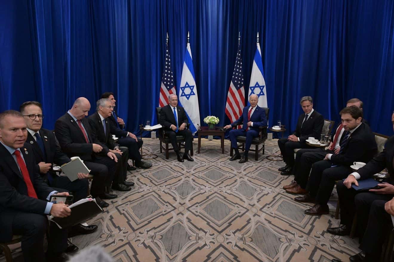 U.S. President Joe Biden, Israeli Prime Minister Benjamin Netanyahu and their delegations meet on the sidelines of the U.N. General Assembly at the InterContinental Hotel in New York City on Sept. 20, 2023. Photo by Avi Ohayon/GPO.