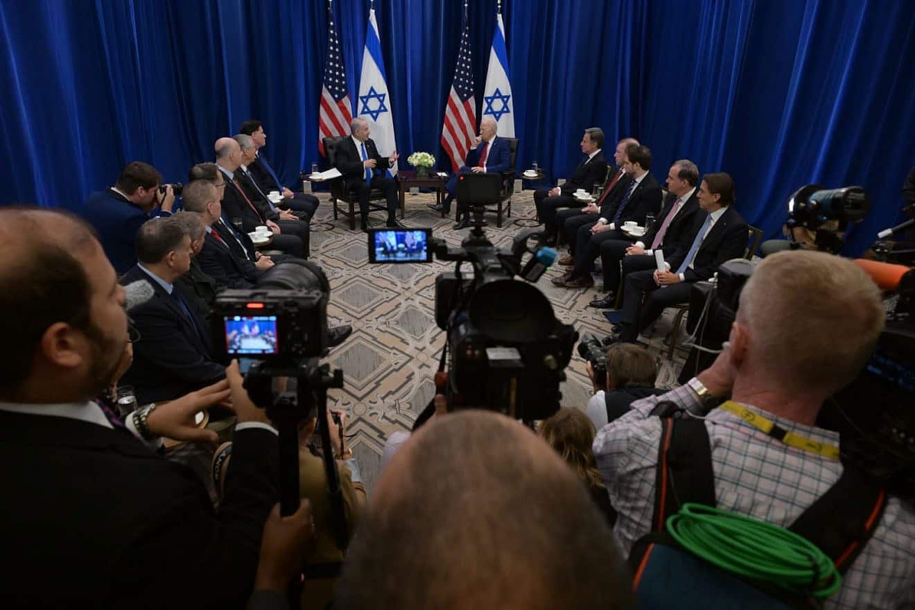 U.S. President Joe Biden, Israeli Prime Minister Benjamin Netanyahu and their delegations meet on the sidelines of the U.N. General Assembly at the InterContinental Hotel in New York City on Sept. 20, 2023. Photo by Avi Ohayon/GPO.