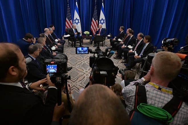U.S. President Joe Biden, Israeli Prime Minister Benjamin Netanyahu and their delegations meet on the sidelines of the U.N. General Assembly at the InterContinental Hotel in New York City on Sept. 20, 2023. Photo by Avi Ohayon/GPO.