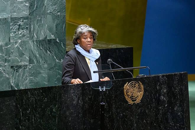 U.S. Ambassador to the U.N. Linda Thomas-Greenfield addresses the General Assembly, March 2, 2022. Credit: U.S. State Department.