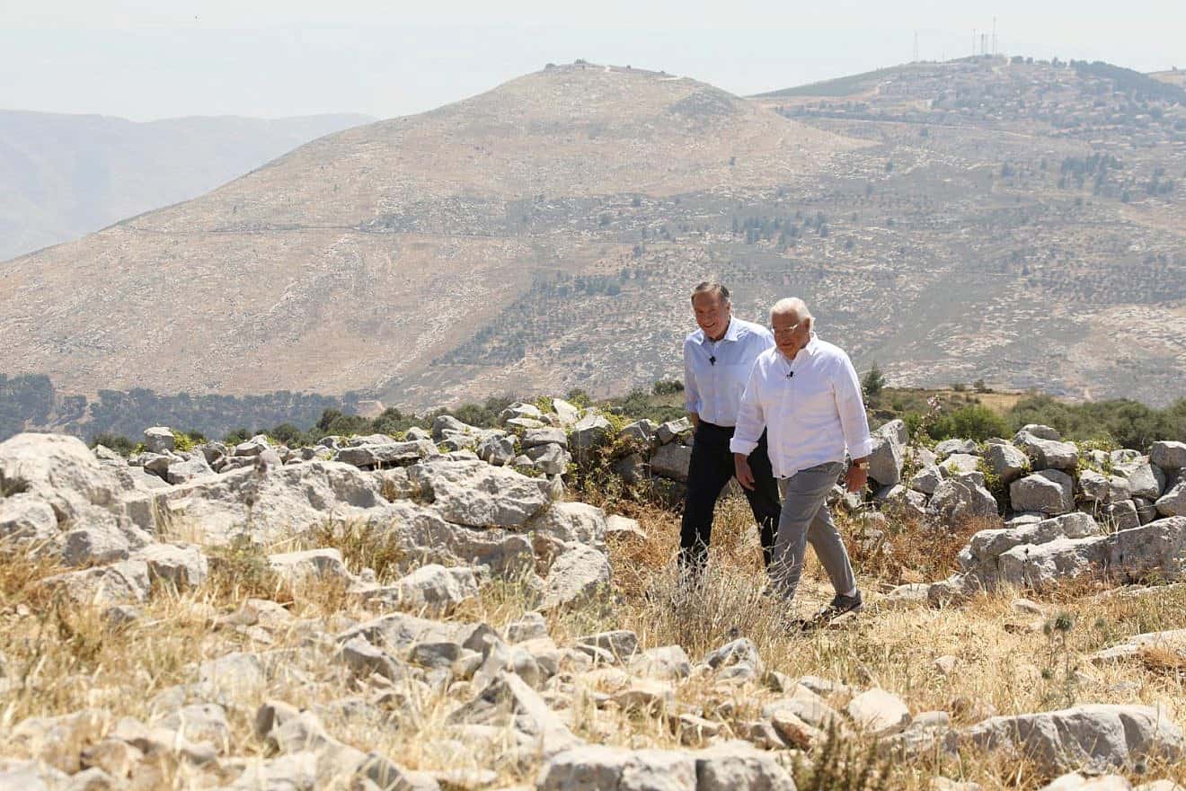 Former U.S. Secretary of State Mike Pompeo and former U.S. Ambassador to Israel David Friedman in Judea and Samaria during the filming of the 2023 documentary film "Route 60: Israel’s Biblical Highway." Credit: Courtesy.