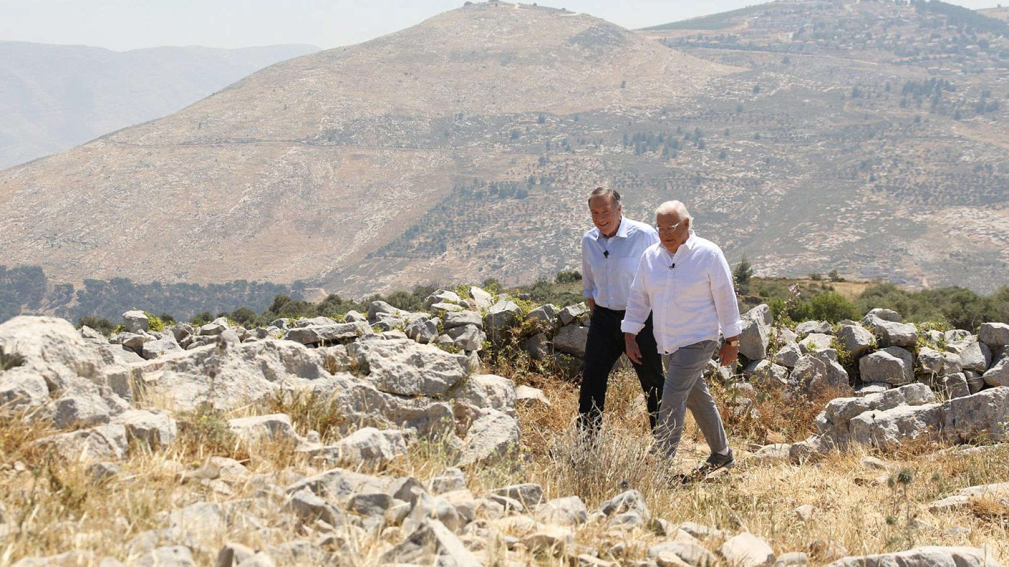 Former U.S. Secretary of State Mike Pompeo and former U.S. Ambassador to Israel David Friedman in Judea and Samaria during the filming of the 2023 documentary film "Route 60: Israel’s Biblical Highway." Credit: Courtesy.
