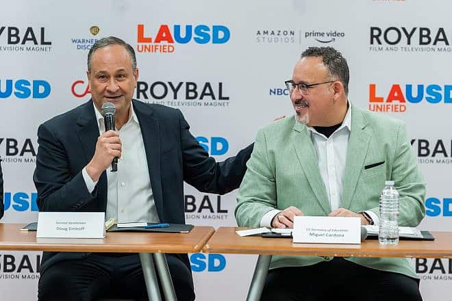U.S. Secretary of Education Miguel Cardona (right) and Douglas Emhoff, who is married to U.S. Vice President Kamala Harris, participated in an event in Los Angeles on Jan. 9, 2023. Credit: Cameron Smith/Official White House Photo.