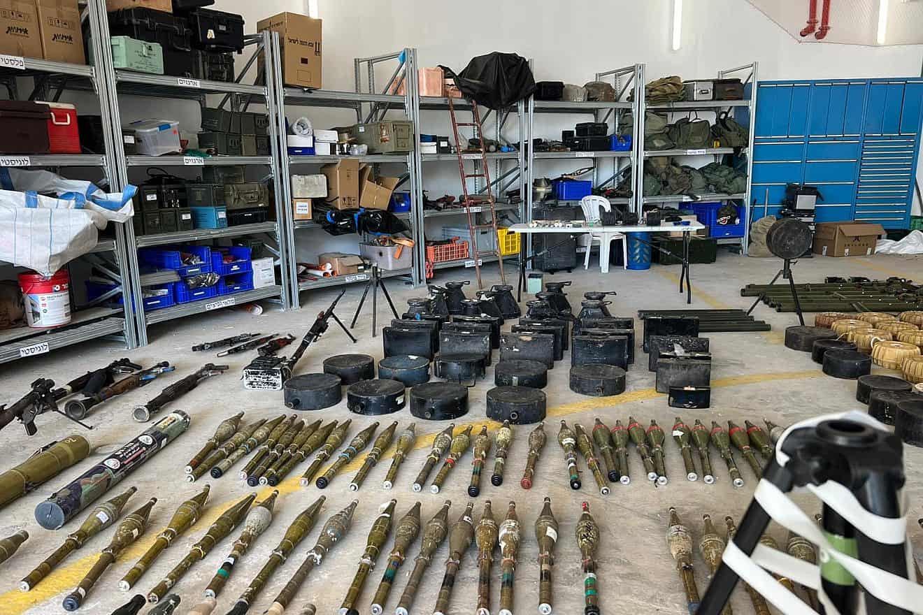 Hamas weaponry confiscated and displayed by the Israel Defense Forces, Oct. 15, 2023. Credit: IDF.