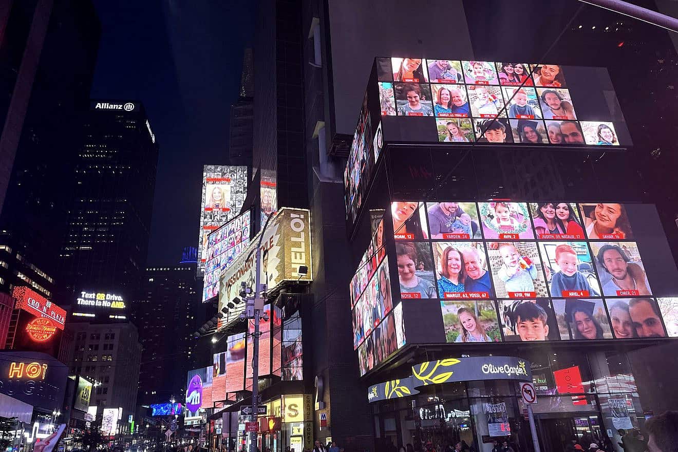 Images of the hostages taken by Hamas in Gaza are shown in Times Square in New York City as part of a "Bring Them Home" rally, sponsored by the Israeli-American Council, on Oct. 20, 2023. Photo by Elishama Marmon.
