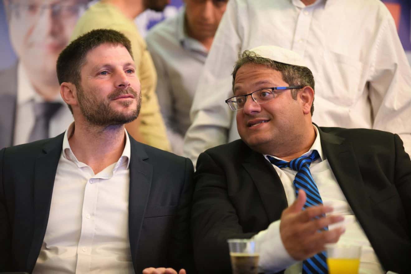 Betzalel Smotrich and Itamar Ben-Gvir attend the Otzma Yehudit Party's campaign event in Bat Yam, on April 06, 2019. Photo by Gili Yaari /Flash90.