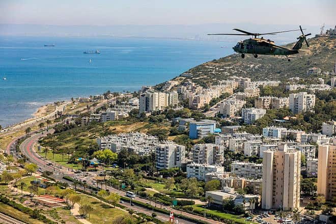 An Israeli Air Force helicopter flies over Haifa during Israel's 75th Independence Day, April 26, 2023. Credit: Flash90.