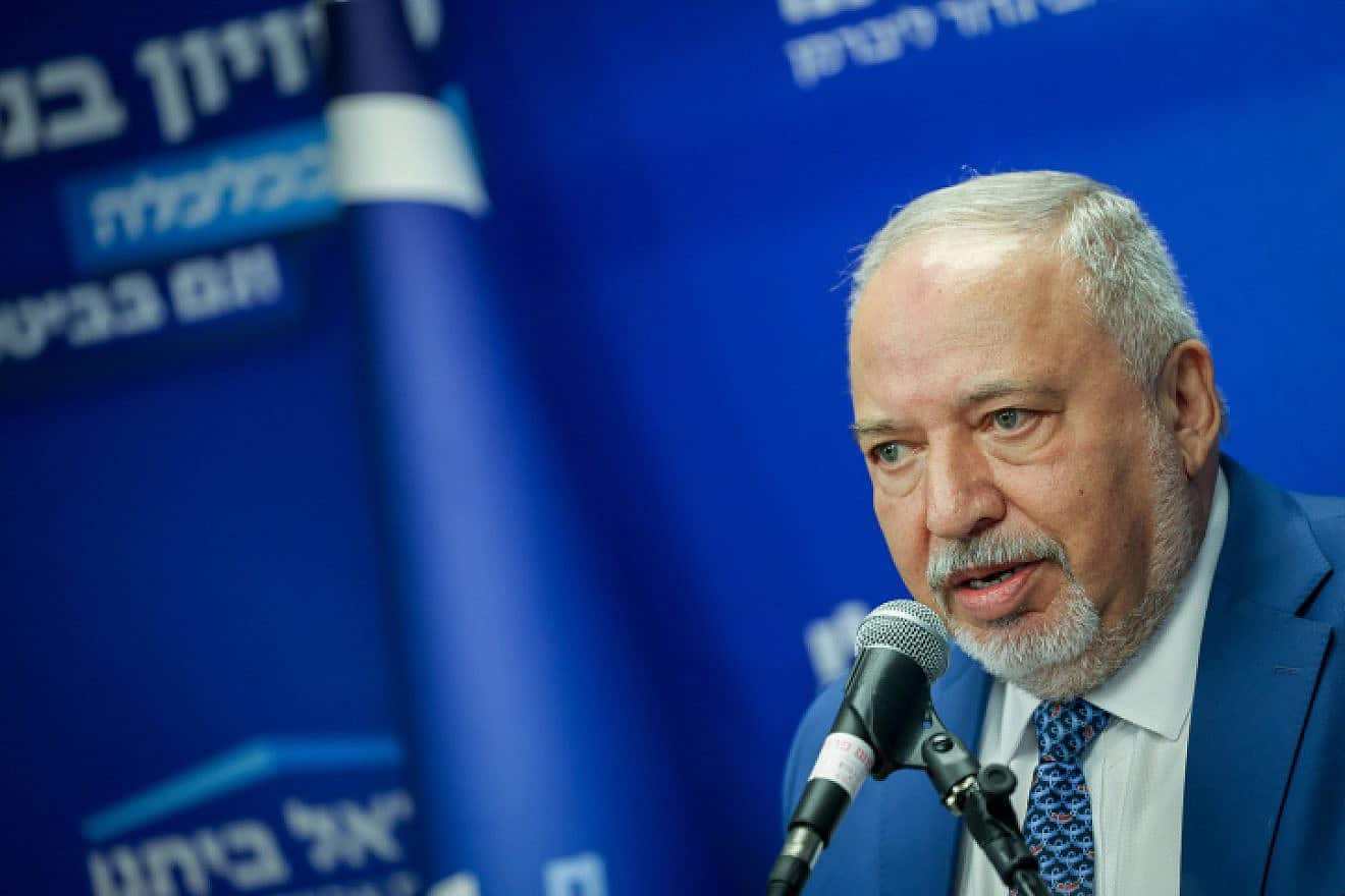 Israel Beiteinu Party chairman Knesset member Avigdor Liberman leads a faction meeting at the Knesset, on July 10, 2023. Photo by Chaim Goldberg/Flash90.