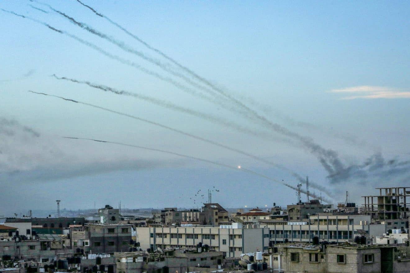 Hamas fires rockets towards Israel from the southern Gaza Strip, Oct. 7, 2023. Photo by Abed Rahim Khatib/Flash90.