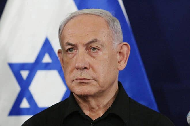 Israeli Prime Minister Benjamin Netanyahu at a press conference at the Ministry of Defense in Tel Aviv. Oct. 28, 2023. Photo by Dana Kopel/POOL.