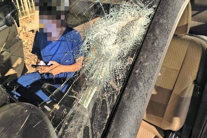 Damage to an Israeli car following a reported lynching attempt near the southern Samaria community of Ma'aleh Levonah, Oct. 4, 2023. Credit: Binyamin Regional Council.