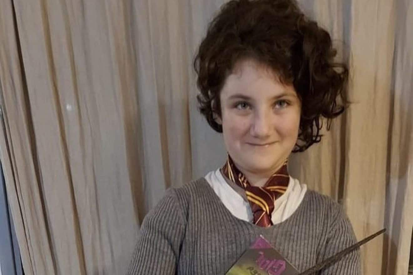 Twelve-year-old Noya Dan from Kibbutz Kissufim dresses up as Hermione from the Harry Potter series. Credit: Courtesy.