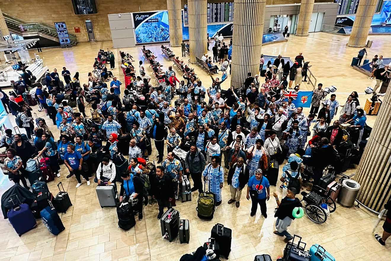 Fijian pilgrims arrive at Ben-Gurion International Airport. Sept. 29, 2023. Credit: Courtesy of ICEJ.