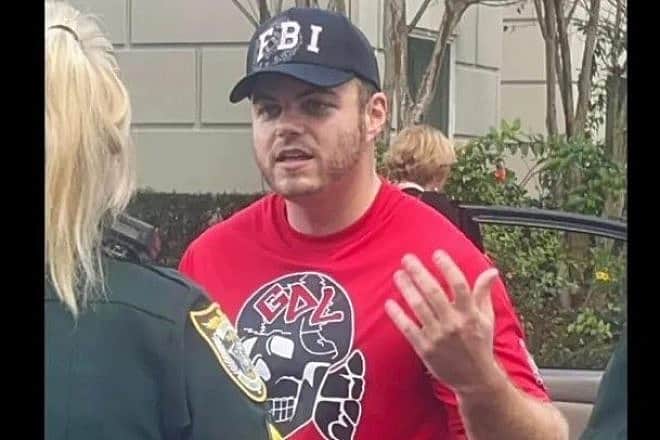 A member of the Goyim Defense League protested at a speech given by Florida state Rep. Randy Fine (R-District 33) in Cocoa, Fla., on Oct. 4, 2023. Source: Randy Fine/X.