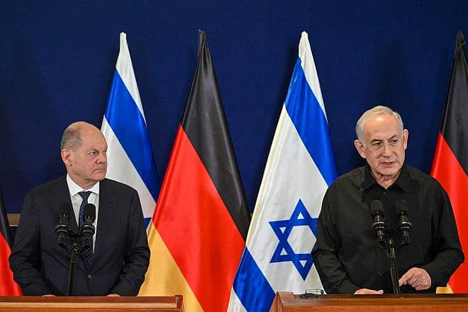 Israeli Prime Minister Benjamin Netanyahu and German Chancellor Olaf Scholz speak to reporters in Tel Aviv, Oct. 17, 2023. Photo by Kobi Gideon/GPO.