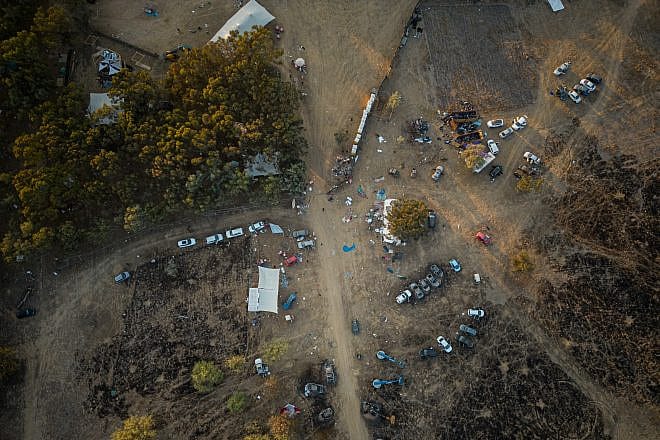 Aerial view of the music festival area where hundreds of Israelis were killed and kidnapped by Hamas terrorists who infiltrated the border from the Gaza Strip, Oct. 12, 2023. Photo by Erik Marmor/Flash90.