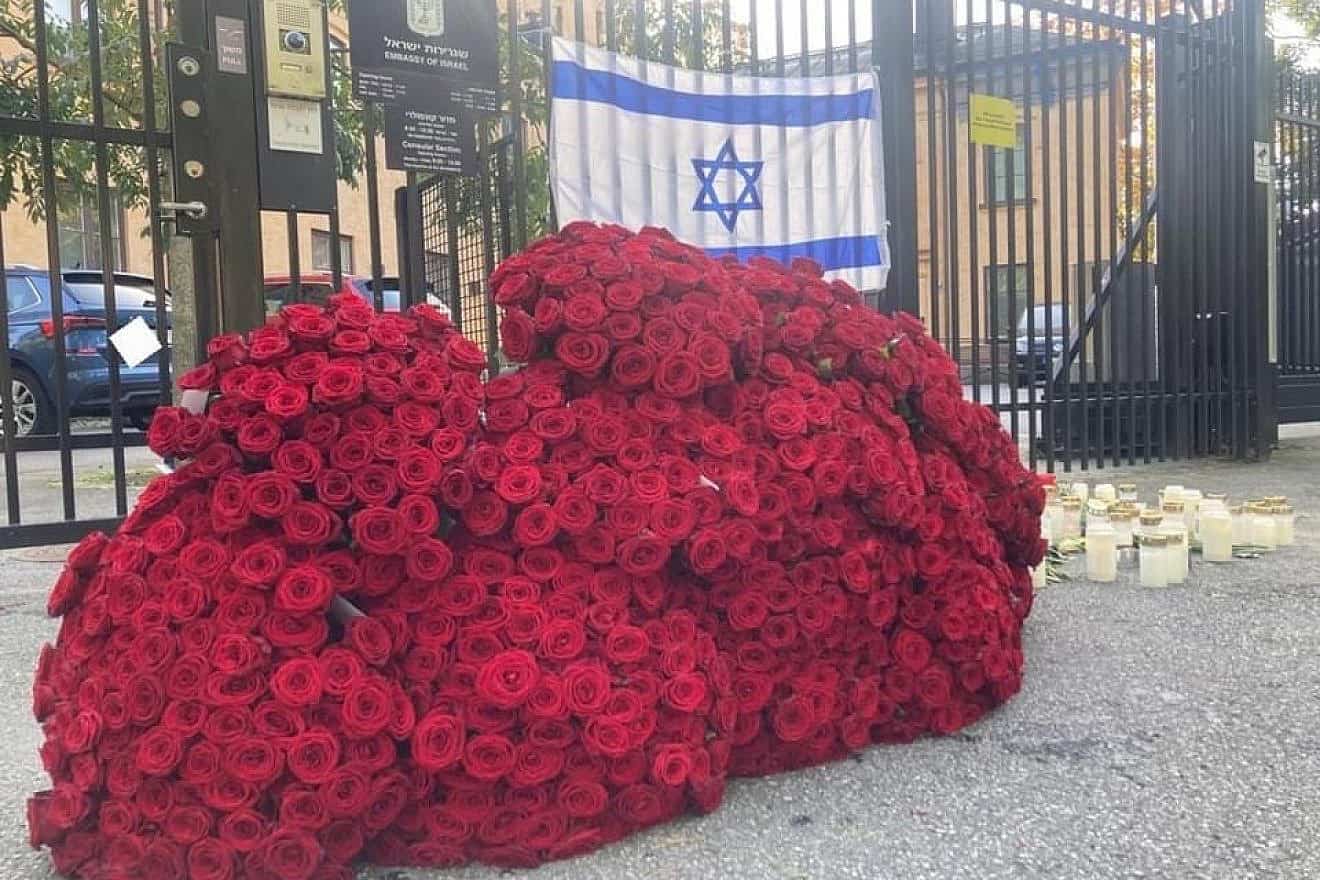 Roses at the memorial outside the embassy in Stockholm, Oct. 10, 2023. Credit: Embassy of Israel in Sweden Facebook page.