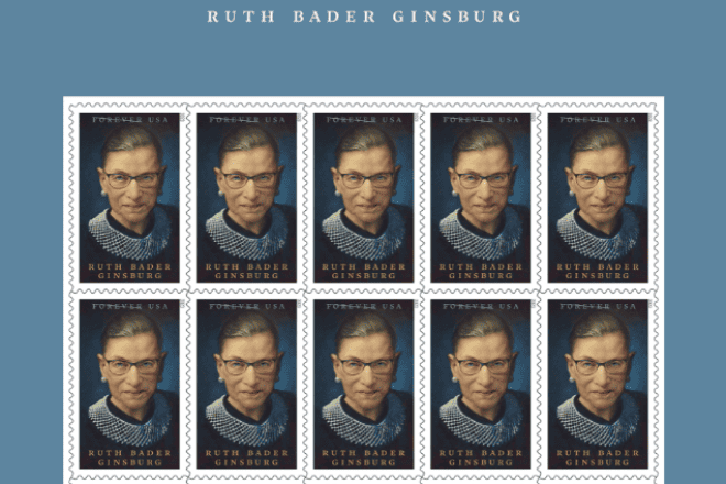 U.S. postal stamps featuring the late Jewish U.S. Supreme Court Justice Ruth Bader Ginsburg . Credit: U.S. Postal Service.