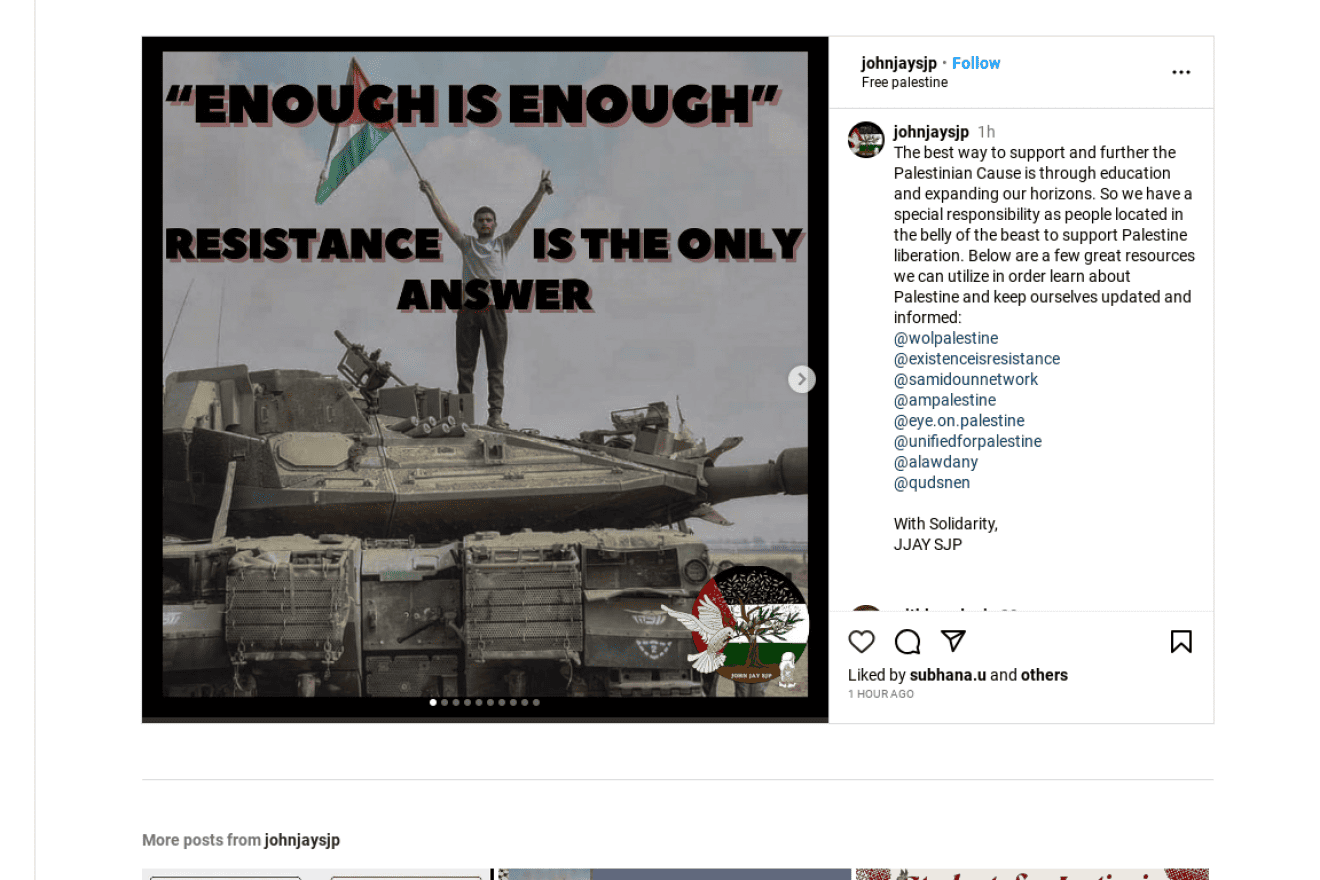 A post by the John Jay College of Criminal Justice chapter of Students for Justice in Palestine. Source: screenshot/Douglas Sandoval