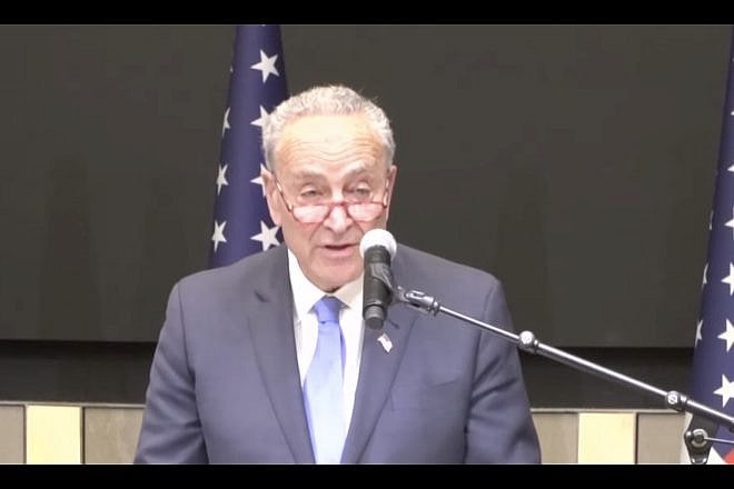 Senate Majority Leader Chuck Schumer (D-N.Y.) talks at a press conference from Tel Aviv on Oct. 15, 2023. Credit: YouTube/U.S. Embassy Jerusalem.