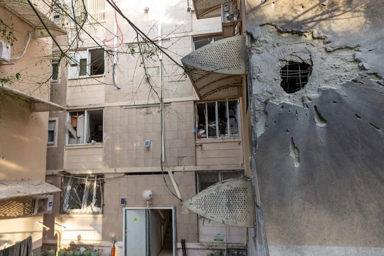 A rocket fired from the Gaza Strip penetrates a family's "safe room" in the southern Israeli city of Sderot, entering through the hole seen on the right. Oct. 17, 2023. Photo by Yossi Aloni/Flash90.