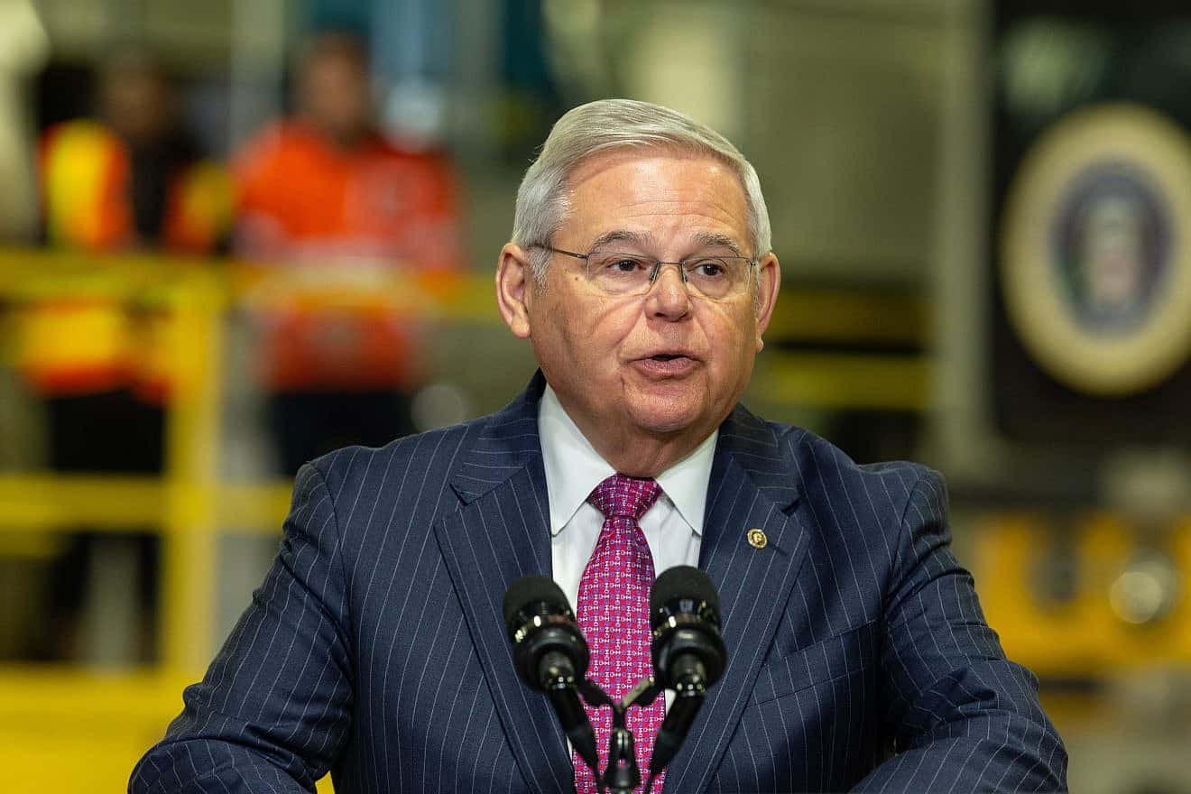 Sen. Robert Menendez speaks during U.S. President Joe Biden's remarks to highlight funding for the Hudson River Tunnel project at West Side Yard gate in New York, Jan. 31, 2023. Credit: Lev Radin/Shutterstock.