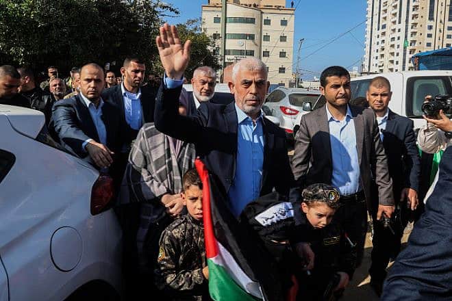 Yahya Sinwar, Hamas's leader in the Gaza Strip, at a rally in Gaza City marking the movement's 35th anniversary, Dec. 14, 2022. Photo by Atia Mohammed/Flash90.