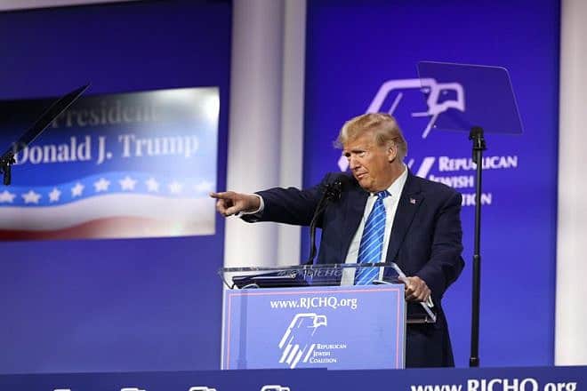 Former U.S. President Donald Trump speaks at the Republican Jewish Coalition’s annual Leadership Summit in Las Vegas, Oct. 28, 2023. Credit: Courtesy of the RJC.