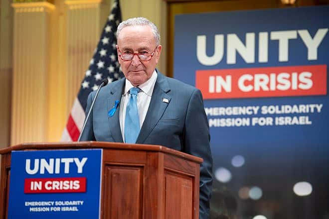 Senate Majority Leader Chuck Schumer (D-N.Y.) speaks at Sixth & I before 50 American Jewish leaders visit Israel, on Oct. 18, 2023. Photo courtesy of Bo Harris.